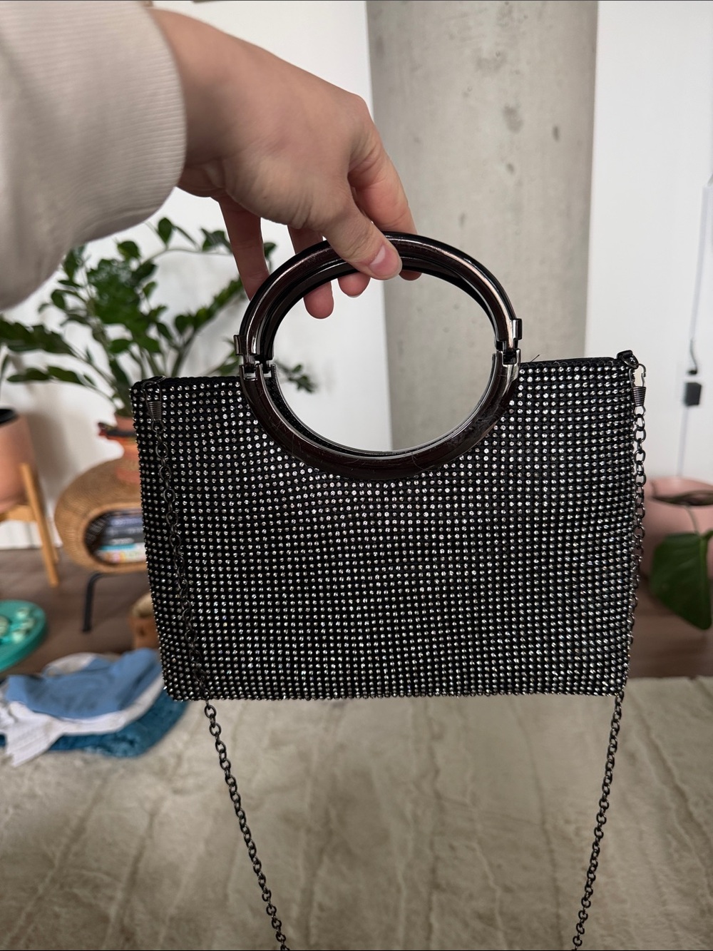 Black Rhinestone Top-Handle Evening Bag with Chain Strap